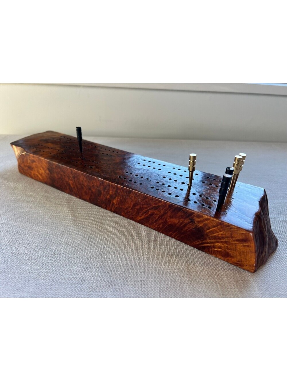 Handmade Burl Wood Cribbage Board Live Edge Slab 13.75in With Metal Pegs